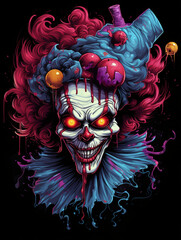 T-shirt design inspired by a terrifying clown, black background created with Generative Ai