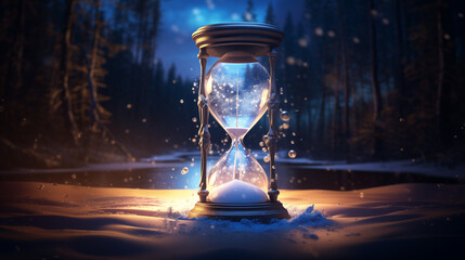Magic hourglass midst of cold Winter forest - obrazy, fototapety, plakaty
