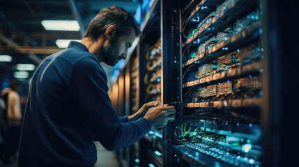 Technician Analyzing Equipment in Data Center