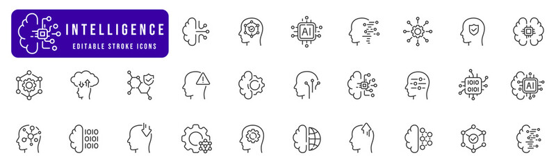 Intelligence related line icon set. Machine learning collection. Mind, ai, brain, network, smart icons. Editable stroke