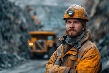 The driver stands against the background of a haul truck in a quarry. Portrait of driver man
