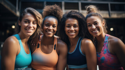 Fototapeta premium Four Smiling Athletes in Sports Attire Gym Session