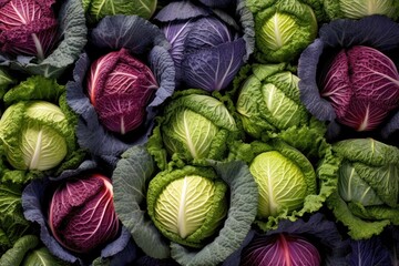 Fototapeta na wymiar Assorted Fresh Cabbages Top View