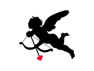 Cherub silhouette Valentines day. Cute cupid angel with wings, arrow and bow isolated on white background. Vector illustration