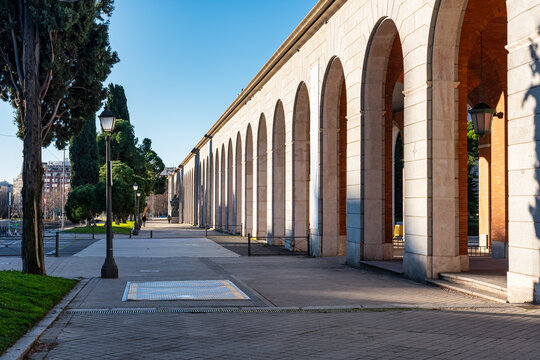 Arches of the new ministry buildings on the Paseo de la Castellana in Madrid, Spain.