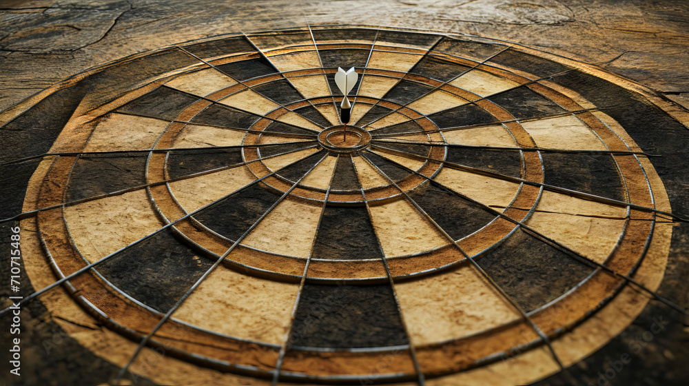 Poster bullseye! a dart strikes the center of a dart board perfectly