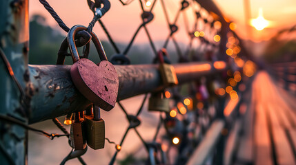 Fototapeta na wymiar A bridge adorned with heart shaped padlocks against a sunset. Concept of love and valentines