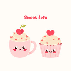Happy cute kawaii coffee cup and cupcake in love. Valentines day greeting card with cupcake and coffee cup. Sweet love