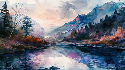 Sleeping watercolor, in which the mountains are immersed in soft twilight, creating an atmosphere