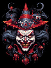 Realistic and simple t-shirt design featuring a likeable and controversial jester clown inspired by the Illuminati god created with Generative Ai