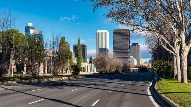 Paseo de la Castellana in Madrid with skyscrapers in the financial and economic district, Spain.