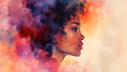 Illustration of a watercolor portrait of a woman in profile, representing women's history month and celebration of influential women. - obrazy, fototapety, plakaty