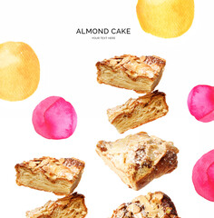 Creative concept made of almond cake with watercolor spots decoration on the white background. Flat lay. Food concept. Macro concept.