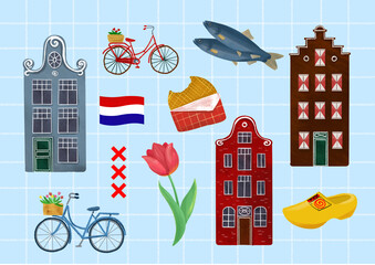 Holland netherlands tourism travel icon set with amsterdam architecture building, attractions, famous tourists landmarks, dutch food. Netherlands symbols stickers collection. - 710715809
