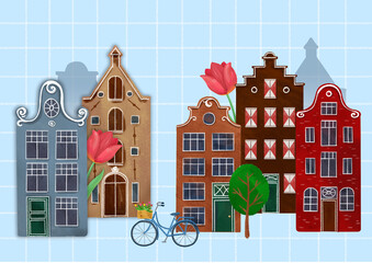 Amsterdam houses. Authentic european historical buildings.  Netherlands architecture. Cute colorful brick houses.
Hand drawn doodle illustration. - 710715813
