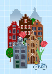 Amsterdam houses. Authentic european historical buildings.  Netherlands architecture. Cute colorful brick houses.
Hand drawn doodle illustration. - 710715814