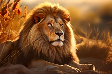 Majestic lion resting in the golden savanna under the morning sun, its mane illuminated, watching...