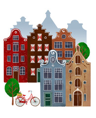 Amsterdam houses. Authentic european historical buildings.  Netherlands architecture. Cute colorful brick houses.
Hand drawn doodle illustration. - 710715840