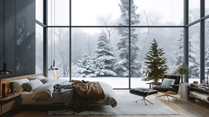 An elegant bedroom in a minimalist style with panoramic windows that fill the room with light and