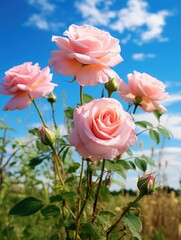 Pink Roses Against Blue Sky