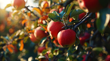 Autumn apples ripening on the branches of trees are invited to enjoy their sweet taste