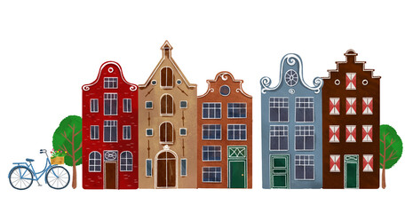Amsterdam houses. Authentic european historical buildings.  Netherlands architecture. Cute colorful brick houses.
Hand drawn doodle illustration.