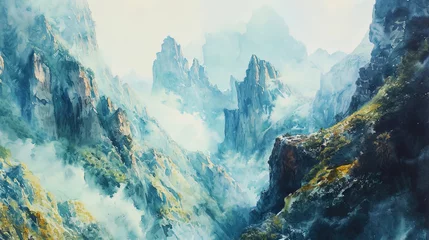 Papier Peint photo Paysage fantastique A fairy tale watercolor drawing in which mountains personify dreams and fantasies