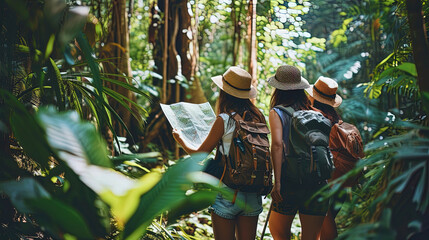 A group of friends with backpacks and a map in their hands goes through the tropical forest, explo - obrazy, fototapety, plakaty