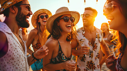 A group of friends at a bright party at the beach dancing in the open air and laughing - obrazy, fototapety, plakaty