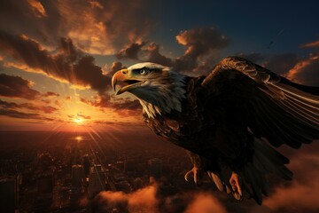Eagle Soaring Over Cityscape at Sunset