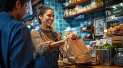 Obraz na płótnie Canvas Cheerful woman wearing a denim apron over a cozy sweater, handing over a paper bag to a customer in a warmly lit, vibrant grocery store setting.