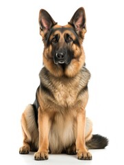 Alert German Shepherd dog looking to camera on a white background.
