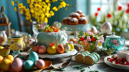 Obraz na płótnie Canvas Decorative cakes and Easter thematic compositions on the table