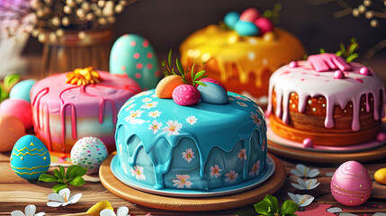 Fototapeta na wymiar Easter cakes decorated with glaze and colored sweets