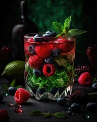 Refreshing cocktail filled with raspberries, blueberries, blackberries, and fresh mint  served on...