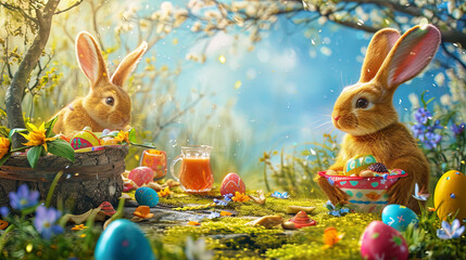 Easter costumes in which children and adults celebrate a cheerful holiday - obrazy, fototapety, plakaty