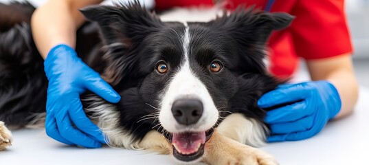 Caring vet nurse checks border collie s health in well equipped clinic, prioritizing animal wellness