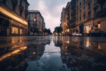 Fototapeta na wymiar Rain-Slicked City Street at Twilight