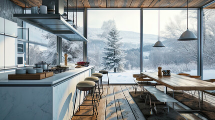 Modern cuisine with a beautiful island and windows, of which a magnificent landscape with snow cov