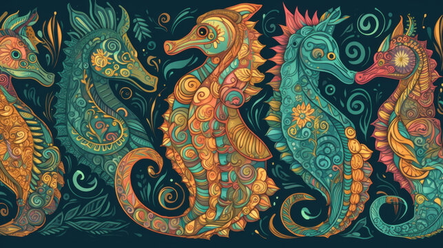 Collection of bright stylized seahorses with elaborate decorations