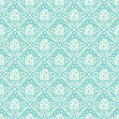 Hand drawn doodle cartoon houses and flower silhouette seamless pattern, cute house seamless texture