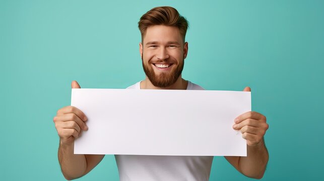 Handsome caucasian man holding blank white placard for text and ads on pastel blue background