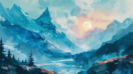 A fairy tale watercolor picture, where mountains reveal their magic under the soft light of the mo