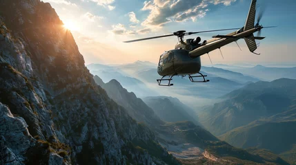 Foto op Canvas A helicopter in flight over a mountain ridge, like an arrow, striving upward © JVLMediaUHD