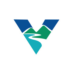 Letter V with Mountain and Sea or River Logo Design