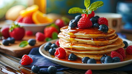 Easter pancakes with maple syrup and fresh berries, served in the style of gourmet - obrazy, fototapety, plakaty