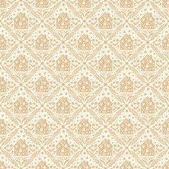 Hand drawn doodle cartoon houses and flower silhouette seamless pattern, cute house seamless texture