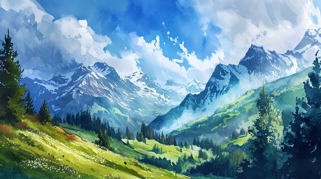 Inspisent watercolor composition of a mountain landscape with soft transitions from the blue sky t