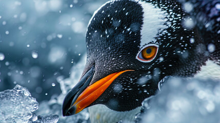The eye of a penguin expressing playfulness and peace in the cold waters of the Antarctic, like a