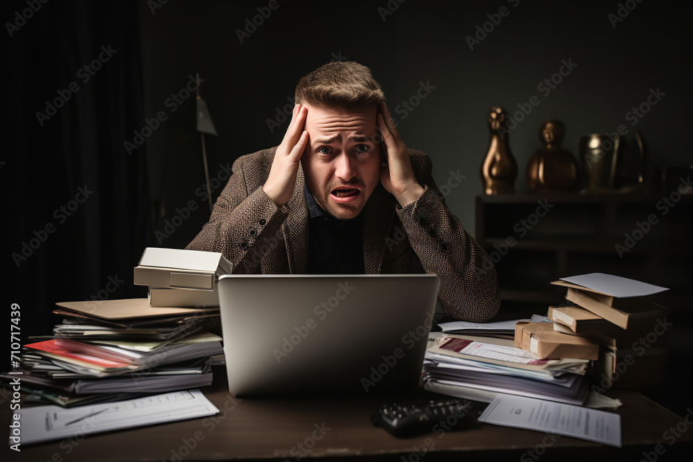 Wall mural Capture a person holding a stack of credit cards with a nervous expression - in front of a computer screen that displays escalating debt figures